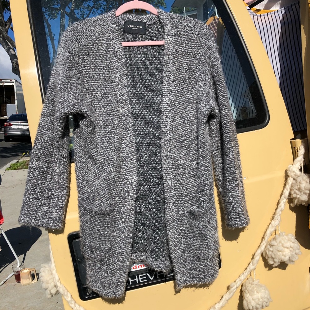 Obey fuzzy grey cardigan